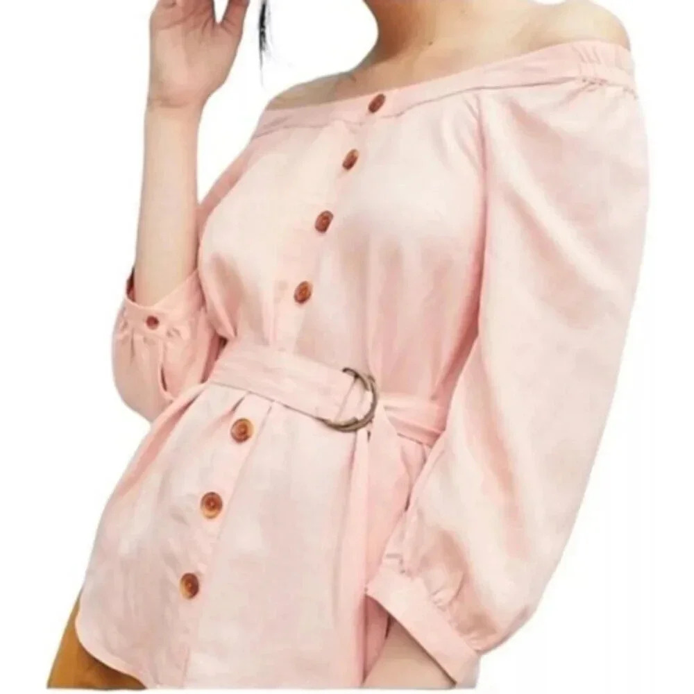 Anthropologie Maeve Womens  6 Alandis Off Shoulder Belted Peach Color Blouse